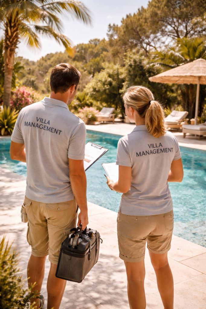 Villa manager op Ibiza met gereedschapstas bij het zwembad